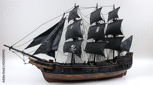 A detailed miniature pirate ship toy with sails, cannons, and vibrant colors, arranged on a white backdrop. The toy is photographed with sharp focus, showcasing its intricate design and playful  photo