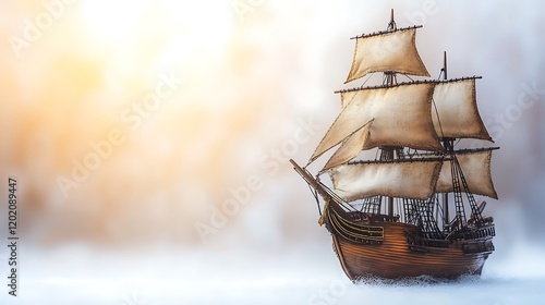 A detailed miniature pirate ship toy with sails, cannons, and vibrant colors, arranged on a white backdrop. The toy is photographed with sharp focus, showcasing its intricate design and playful 