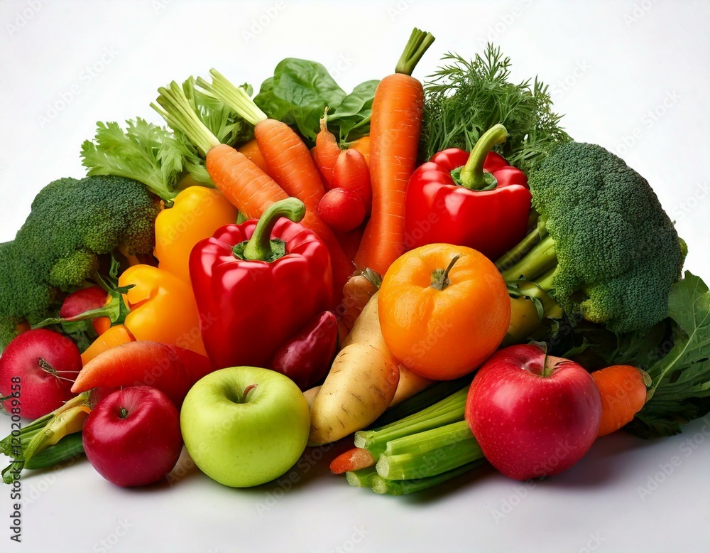 Freigestellte frische Obst- und Gemüsesorten auf weißem Hintergrund – Gesundheit und Ernährung Freigestellte frische Obst- und Gemüsesorten auf weißem Hintergrund – Gesundheit und Ernährung
