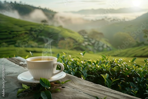 Wallpaper Mural Cup of Hot Tea Beverage is Sitting on a Table with a Tea Plantation Background Torontodigital.ca