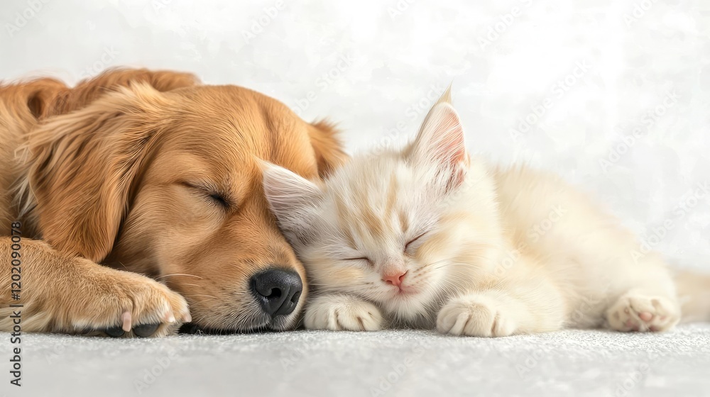Golden Retriever and kitten sleeping peacefully together on a soft surface. Use Pet adoption, animal companionship Golden Retriever and kitten sleeping peacefully together on a soft surface. Use Pet adoption, animal companionship