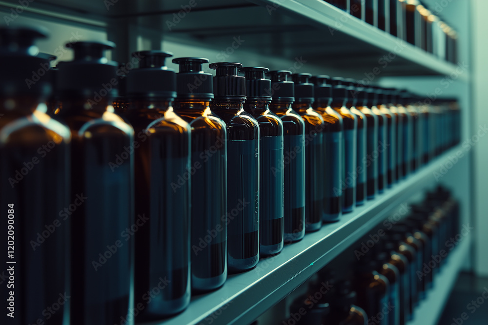 Sealed bottles lined on shelves for therapeutic use in a clinical facility Sealed bottles lined on shelves for therapeutic use in a clinical facility