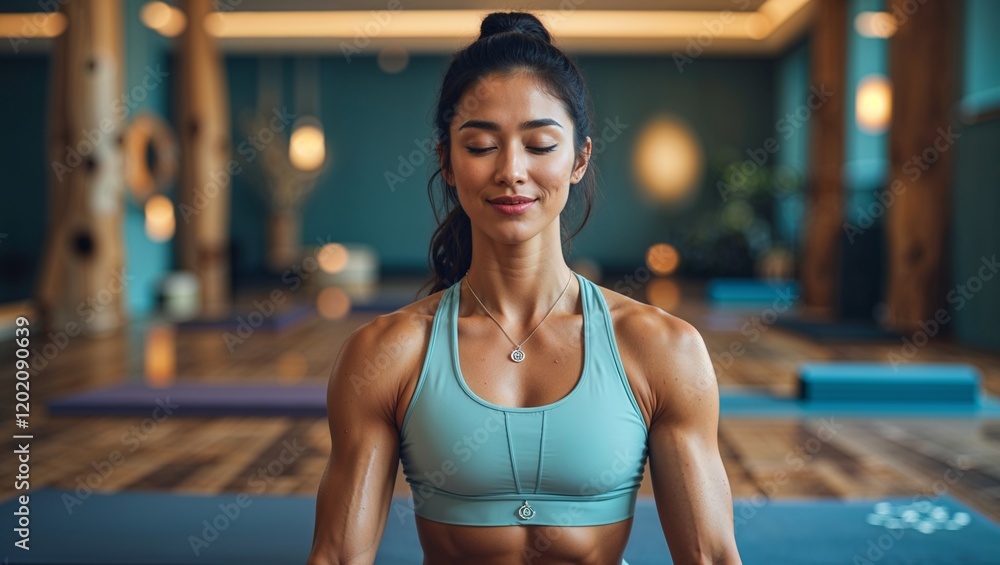 Young sporty woman practicing lotus asana in yoga studio. Woman do meditation practice with eyes closed alone indoor. Well being, wellness concept Young sporty woman practicing lotus asana in yoga studio. Woman do meditation practice with eyes closed alone indoor. Well being, wellness concept