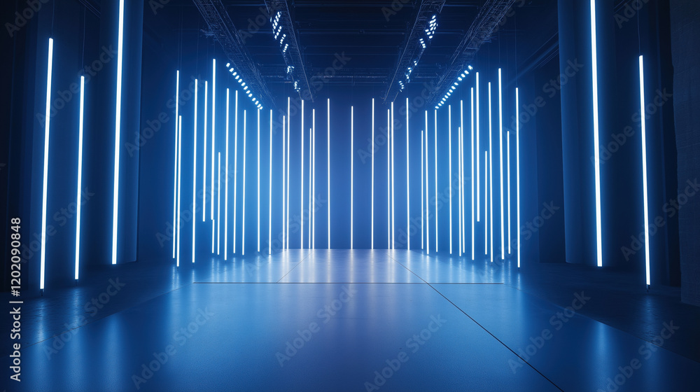 Futuristic hallway with tall neon lights in a dark setting Futuristic hallway with tall neon lights in a dark setting