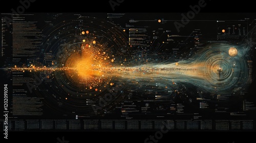 Artistic representation of the solar system's formation, showcasing cosmic elements, planetary orbits, and celestial phenomena in a colorful and detailed infographic style.