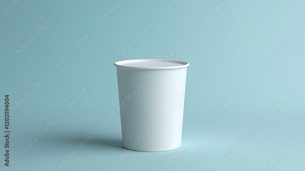 White paper cup standing on light blue background with copy space White paper cup standing on light blue background with copy space