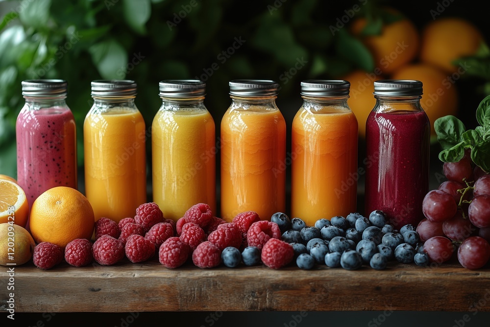 Gesunde Smoothies in Flaschen mit frischen Früchten
Gesunde Smoothies in Flaschen mit frischen Früchten