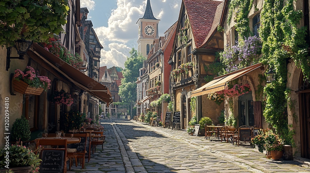 Obraz premium Sunny cobblestone street, medieval town, cafes, church tower. Postcard, tourism