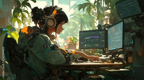 Young woman using multiple computer screens in a lush, sunlit room.