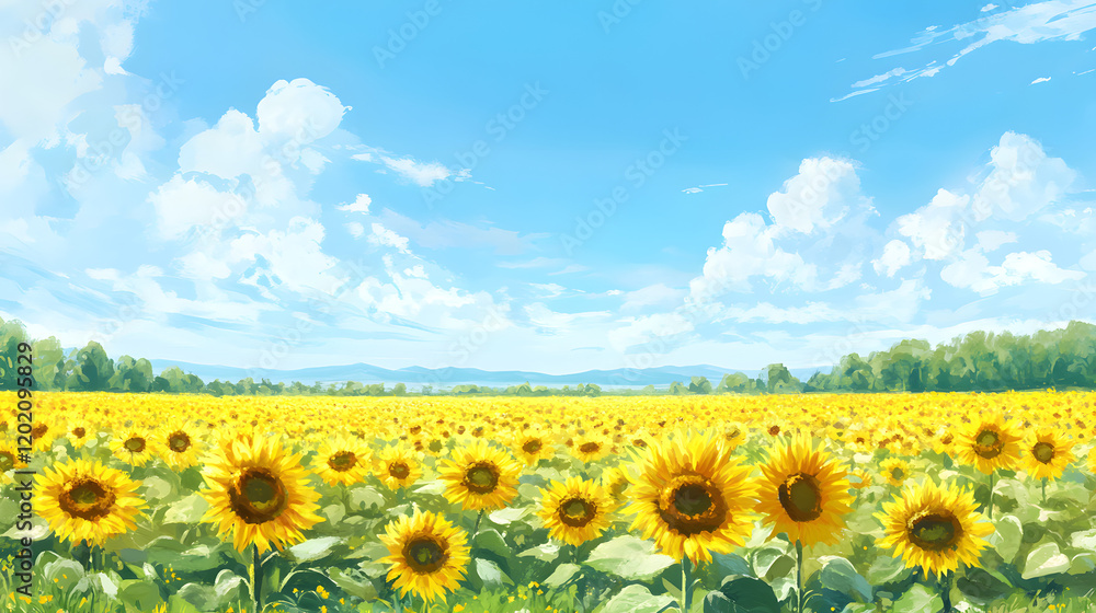 Sunflower Field Background with Bright Yellow Blooms and Blue Sky Sunflower Field Background with Bright Yellow Blooms and Blue Sky
