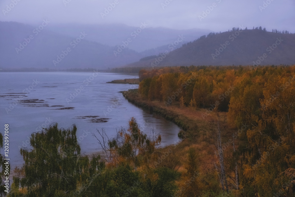 Autumn Lake Markakol in Kazakhstan is located in the Markakol depression, surrounded by the Kurchumsky and Azutau ridges. Autumn Lake Markakol in Kazakhstan is located in the Markakol depression, surrounded by the Kurchumsky and Azutau ridges.