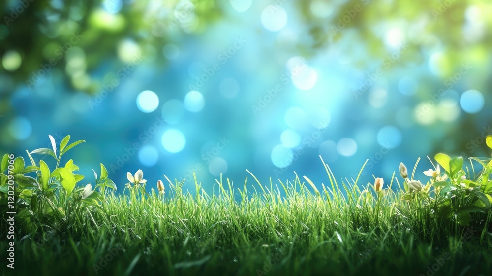 Beautiful sunny spring meadow with green grass and blue sky. Abstract background with light bokeh and space for text Beautiful sunny spring meadow with green grass and blue sky. Abstract background with light bokeh and space for text