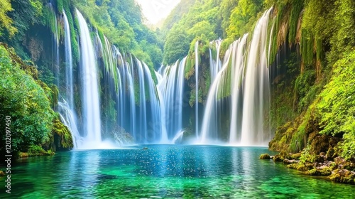 Lush Gorge Waterfall Serenity, Tranquil Pool, Green Nature, Calming Travel Poster