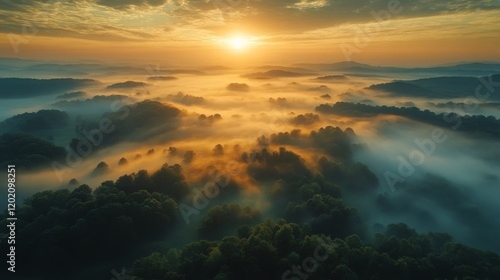 Wallpaper Mural A stunning aerial view of a misty mountain range at sunrise with golden light filtering through the fog, creating a magical and tranquil landscape Torontodigital.ca