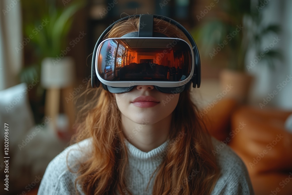 Frau mit Virtual-Reality-Headset in modernem Wohnraum
Frau mit Virtual-Reality-Headset in modernem Wohnraum