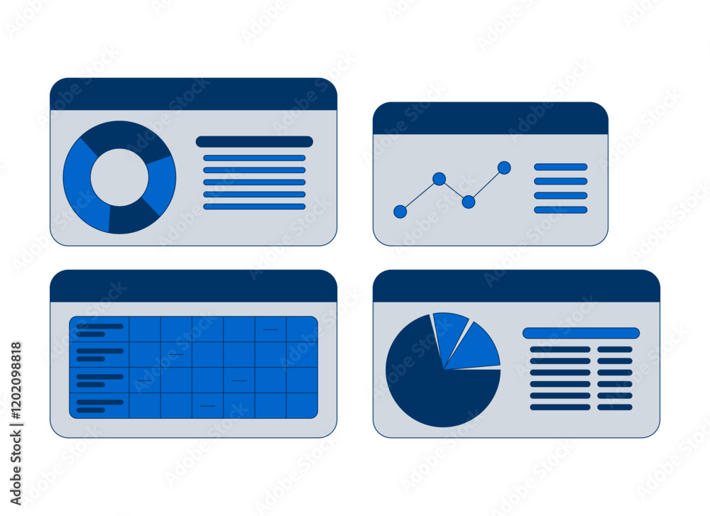 Business dashboard with pie charts and graphs 2D cartoon objects set. Data analysis, analytics reports isolated elements flat vector cliparts on white background. Spot illustrations collection