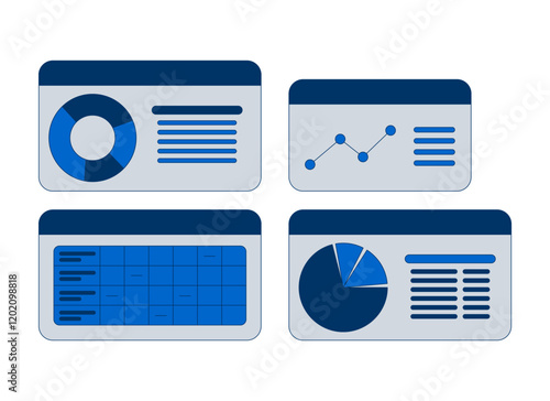 Business dashboard with pie charts and graphs 2D cartoon objects set. Data analysis, analytics reports isolated elements flat vector cliparts on white background. Spot illustrations collection