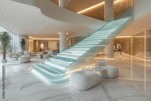 elegant modern hotel atrium with floating glass staircase, minimalist white marble surfaces, ambient lighting creating soft shadows, soaring ceiling heights, ultra-luxury aesthetic photo