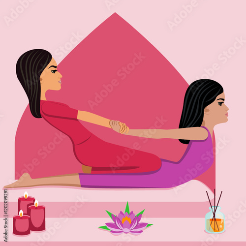 Thai massage. Therapy and treatment by professional therapist in SPA. Isolated flat vector illustration. Eastern and Indian ethnicity.