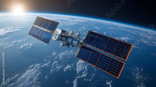 Fototapeta Naklejka Na Ścianę i Meble -  Futuristic solar powered space station equipped with cutting edge satellite communication technology enabling seamless connectivity and data transmission for interstellar and scientific research