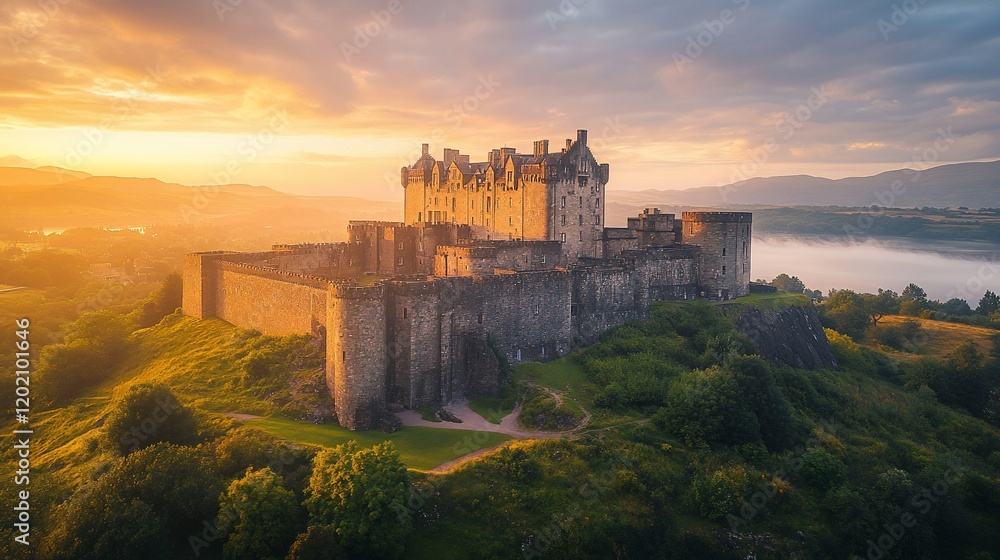 Obraz premium Sunrise over Scottish castle, misty valley. Travel postcard