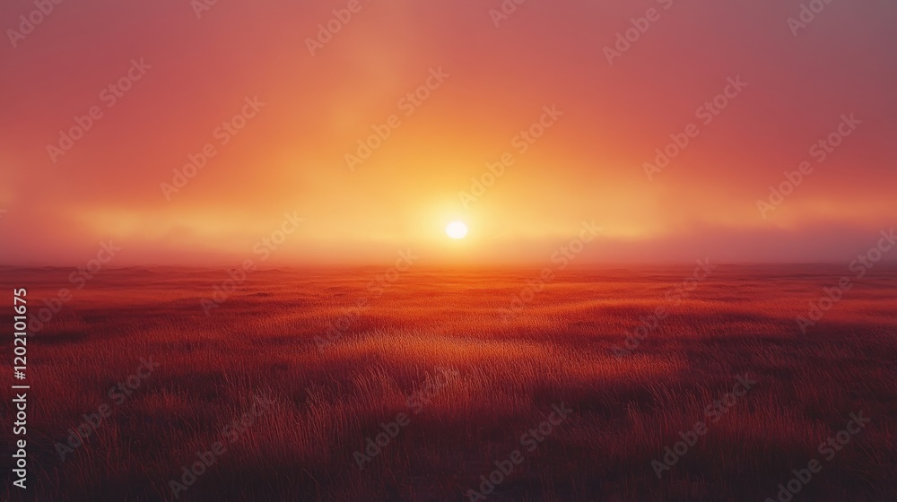 Fiery Sunrise Over a Tranquil Field of Grass with Soft Fog Creating an Ethereal Landscape Fiery Sunrise Over a Tranquil Field of Grass with Soft Fog Creating an Ethereal Landscape