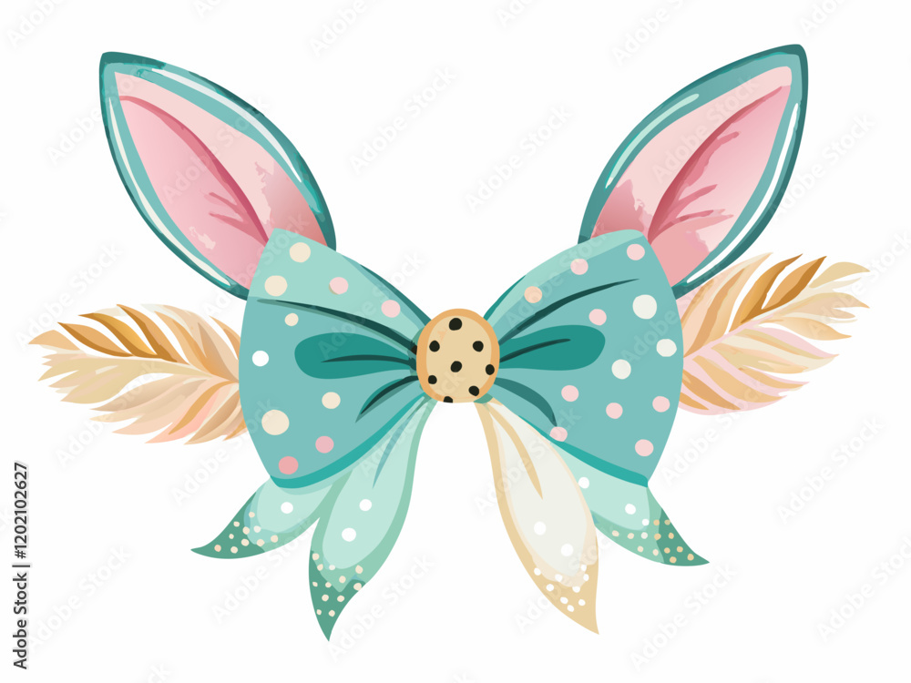 Cute rabbit ears with teal polka dot bow and pastel watercolor design Cute rabbit ears with teal polka dot bow and pastel watercolor design