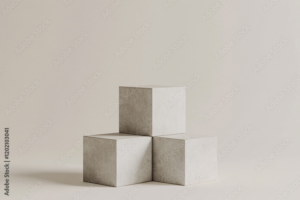 Three concrete cubes forming a podium on a beige background Three concrete cubes forming a podium on a beige background