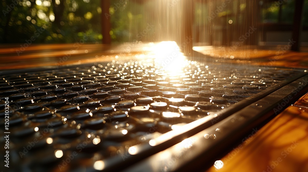 Wet textured mat on wooden deck, sunlit park background, foot reflexology Wet textured mat on wooden deck, sunlit park background, foot reflexology