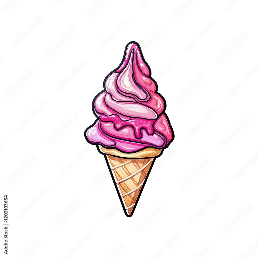 Pink Ice Cream Cone: A vibrant illustration of a pink ice cream cone with swirls of creamy goodness dripping down the sides, tempting your taste buds. Perfect for branding, summery designs. Pink Ice Cream Cone: A vibrant illustration of a pink ice cream cone with swirls of creamy goodness dripping down the sides, tempting your taste buds. Perfect for branding, summery designs.