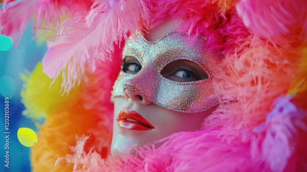 Close-up portrait of a samba dancer wearing a carnival mask decorated with colorful feathers Close-up portrait of a samba dancer wearing a carnival mask decorated with colorful feathers