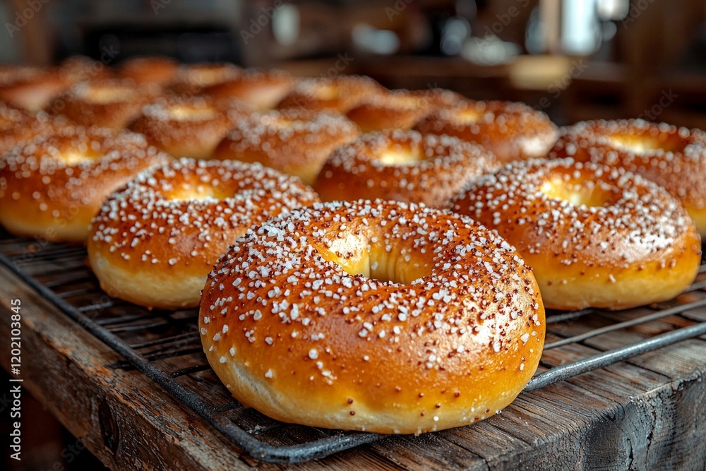 Warm golden brown pretzels are cooling on rustic wooden rack in cozy kitchen. coarse salt is glistening enhancing inviting homemade atmosphere. Warm golden brown pretzels are cooling on rustic wooden rack in cozy kitchen. coarse salt is glistening enhancing inviting homemade atmosphere.