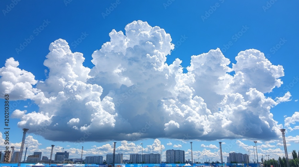 Majestic Cumulus Clouds Dominate the Blue Sky over a Modern Cityscape with a clear vibrant Sky Majestic Cumulus Clouds Dominate the Blue Sky over a Modern Cityscape with a clear vibrant Sky