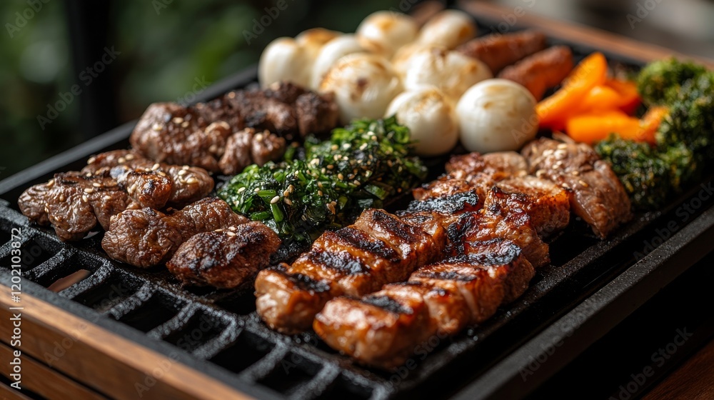 A tantalizing close up of a grill with various meats and grilled vegetables perfectly seasoned and ready to be served A tantalizing close up of a grill with various meats and grilled vegetables perfectly seasoned and ready to be served