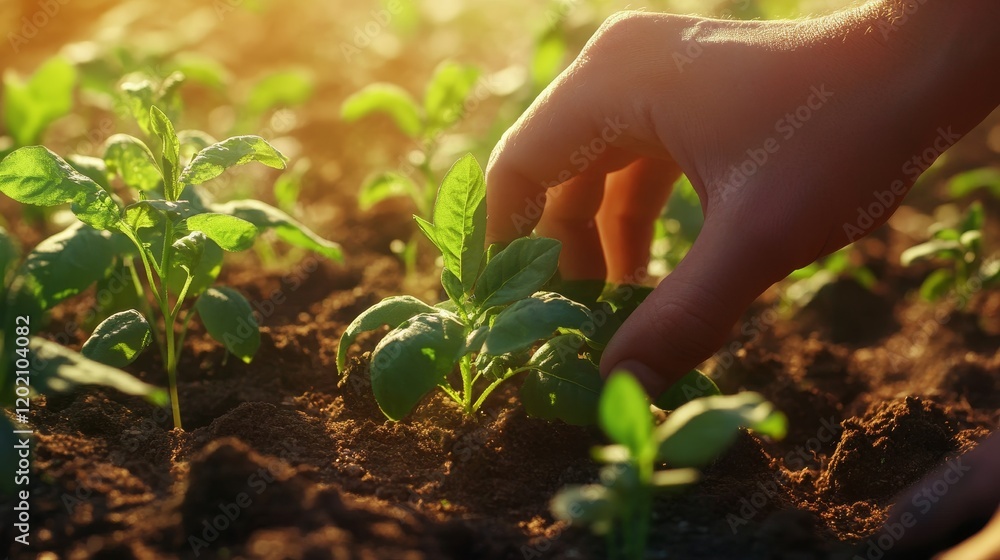 Gardener's Hand Gently Tending Young Seedlings at Sunset Gardener's Hand Gently Tending Young Seedlings at Sunset