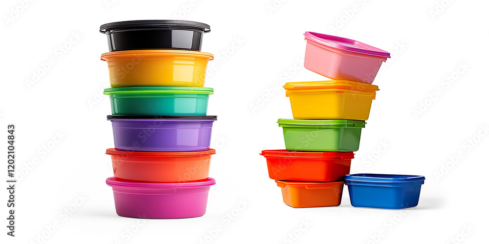 Stack of Colorful Plastic Food Containers on a Transparent Background Stack of Colorful Plastic Food Containers on a Transparent Background