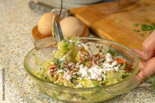 Chef mixes zucchini pulp grated on a grater, herbs, flour, paprika and chicken egg for making pancakes with a spoon in a glass plate. Close-up