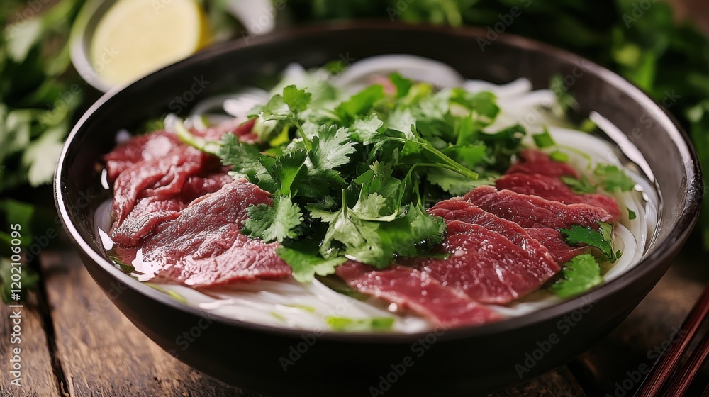 Image of rice and Vietnamese pho with beef slices and fresh herbs in a traditional bowl, emphasizing aromatic and savory qualities. Ideal for Vietnamese cuisine and comfort meals. Image of rice and Vietnamese pho with beef slices and fresh herbs in a traditional bowl, emphasizing aromatic and savory qualities. Ideal for Vietnamese cuisine and comfort meals.