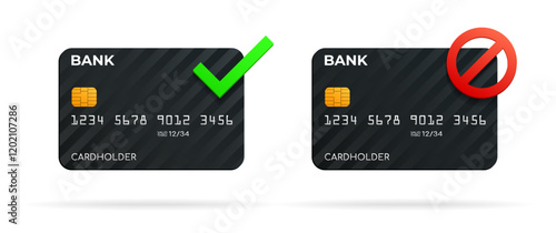 Credit or debit bank card with check mark and prohibition sign, vector illustration. Opening or closing a bank account.  