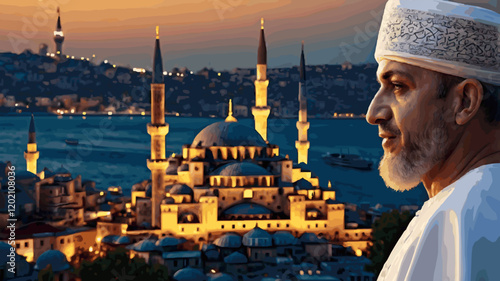 Sultan of eleven months, the climate of peace, welcome, the city of Ramadan, Vector Islamic Background. Welcome Ramadan Month (Turkish Hosgeldin Ya Sehri Ramazan, imsakiye), istanbul silhouette of Blu