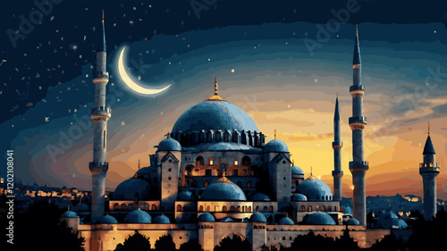 Sultan of eleven months, the climate of peace, welcome, the city of Ramadan, Vector Islamic Background. Welcome Ramadan Month (Turkish Hosgeldin Ya Sehri Ramazan, imsakiye), istanbul silhouette of Blu