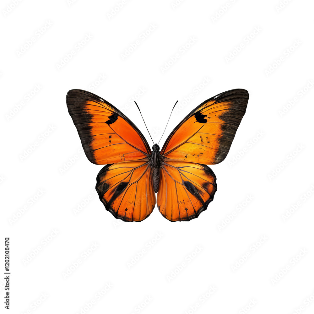 Obraz premium Orange Lacewing Butterfly: A vibrant orange butterfly with intricate black markings on its wings, captured in exquisite detail against a clean background.
