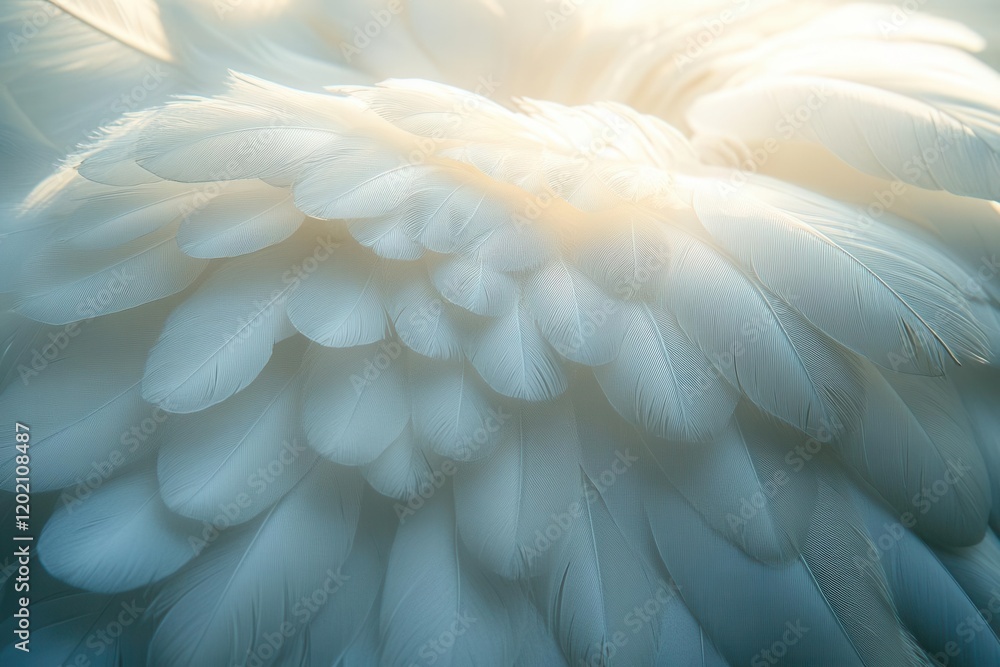 Obraz premium ethereal composition of pristine white feathers creating delicate layered texture, soft diffused lighting suggesting divine presence