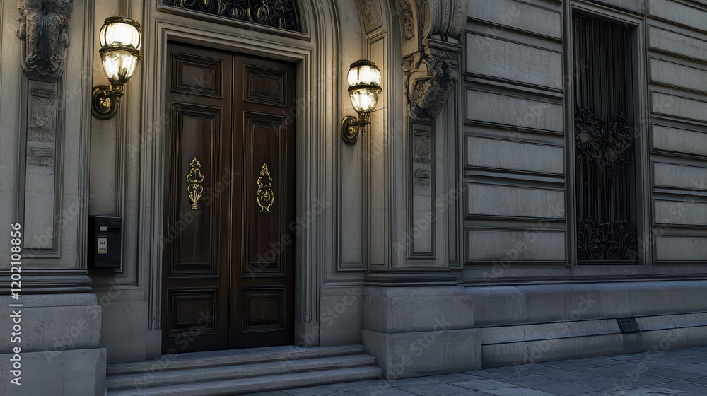 Elegant Entrance to a Grand Building at Dusk Elegant Entrance to a Grand Building at Dusk