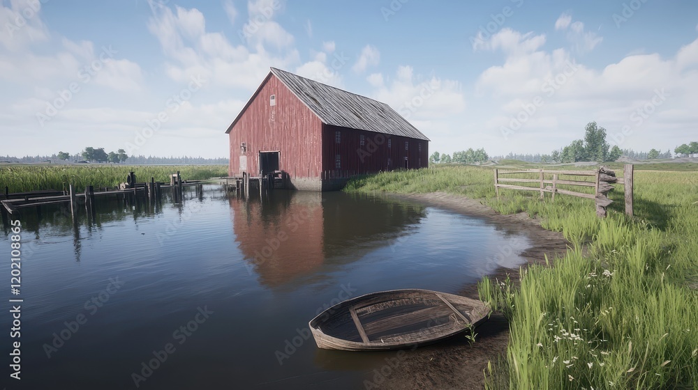 Rustic Red Barn by Still Water with Old Rowboat Rustic Red Barn by Still Water with Old Rowboat