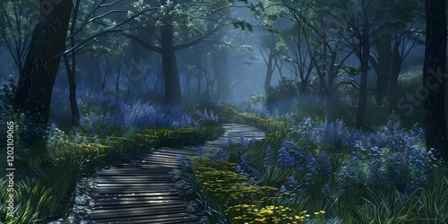 Front view of long road running along pinetrees in the forest
 photo