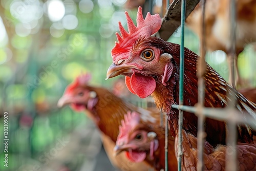 Vibrant Color Image of EggLaying Chickens in Battery Cages, Poultry Farming photo