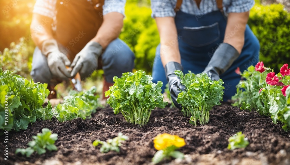 Two gardeners tending plants in lush green garden. Two gardeners tending plants in lush green garden.