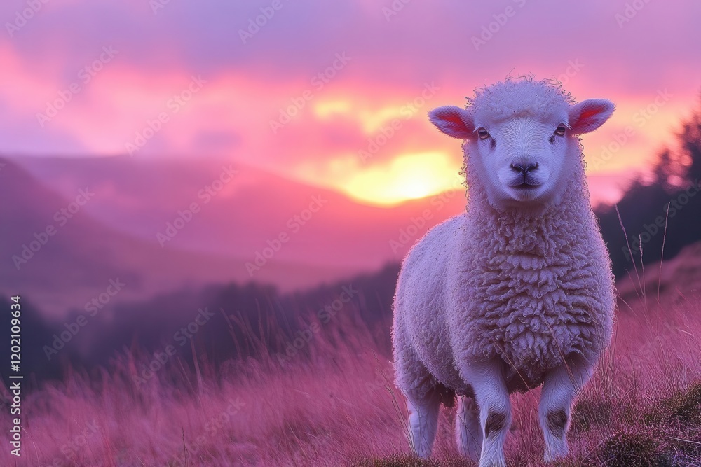 Fototapeta premium ethereal highland scene with golden-fleeced lamb silhouetted against pastel sunset clouds and distant misty peaks