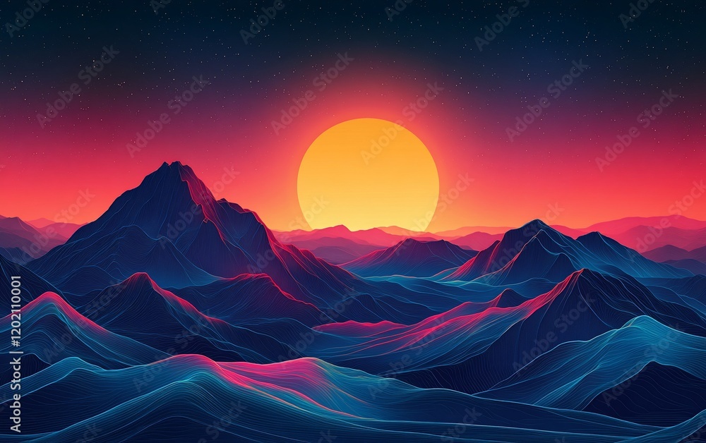 Sunset over vibrant mountains, starry night sky, digital art, desktop wallpaper Sunset over vibrant mountains, starry night sky, digital art, desktop wallpaper